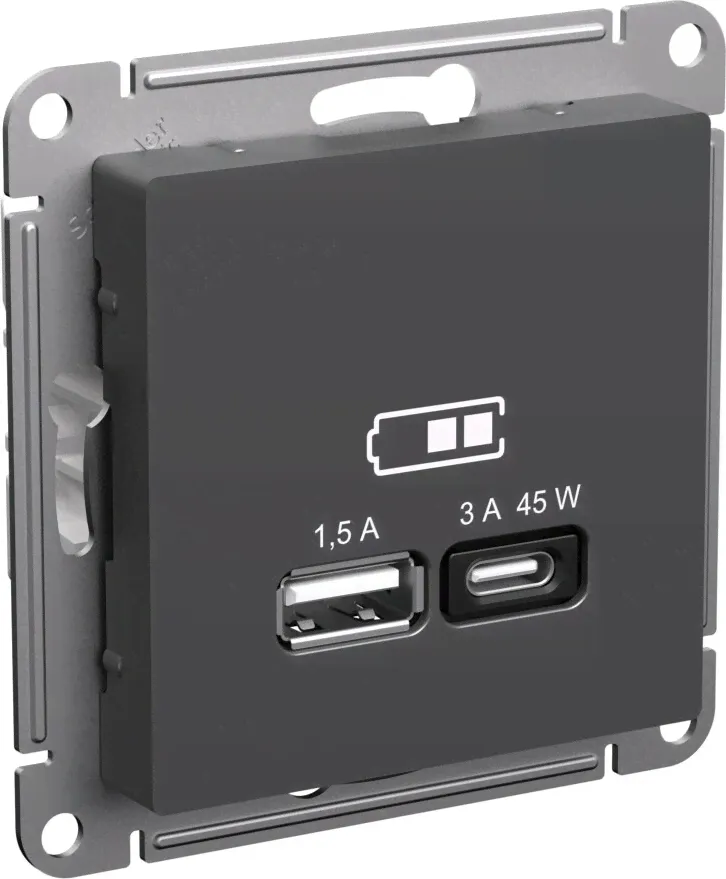 Зарядное устройство USB Schneider Atlas Design, USB-A + USB-C, 45Вт (Базальт)
