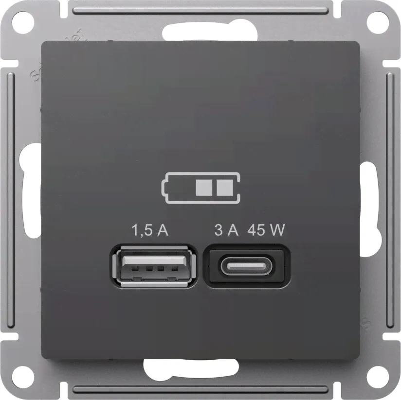 Зарядное устройство USB Schneider Atlas Design, USB-A + USB-C, 45Вт (Базальт)-0