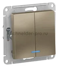 Выключатель двухклавишный проходной Schneider Atlasdesign 10А, шампань ATN000565